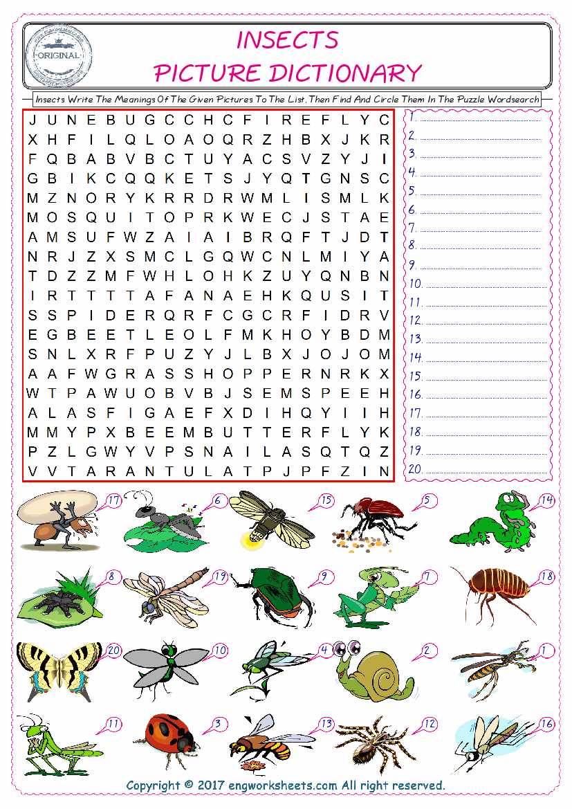  For kids, check the picture of Insects find, and write the word and find it in the word puzzle ESL printable worksheet. 
